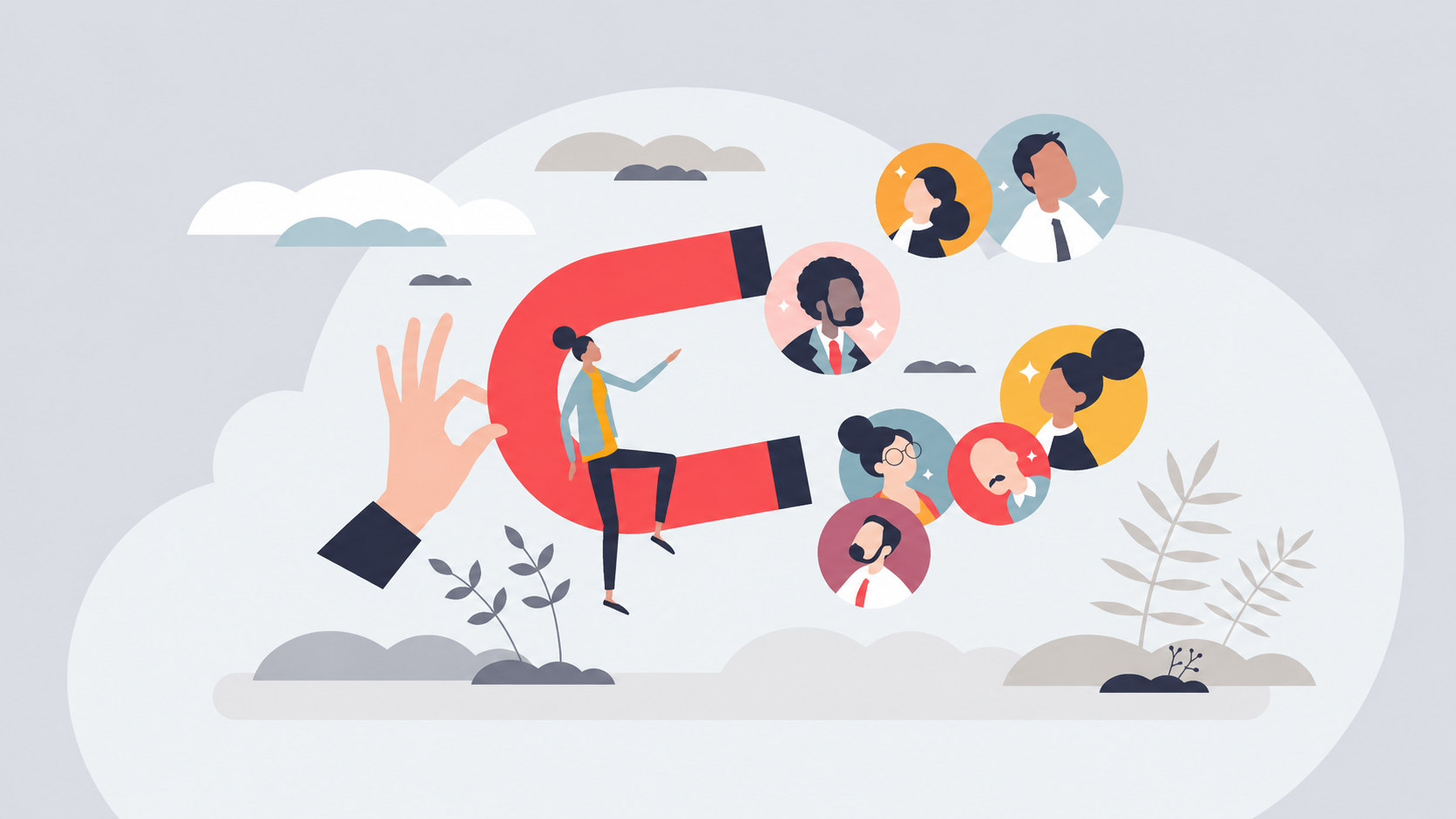 Illustration of a magnet attracting potential customers, representing website lead generation and conversion optimisation.